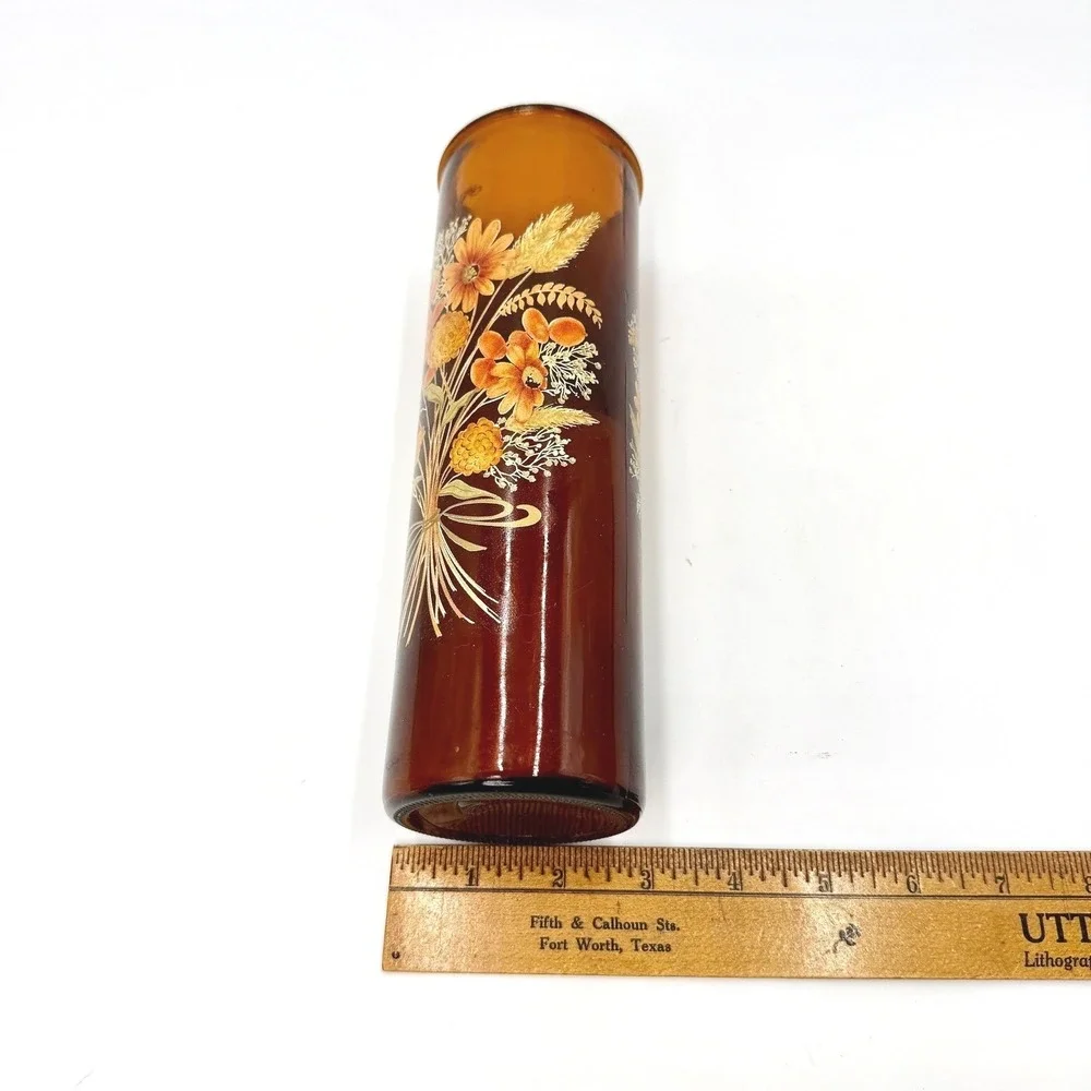 Vintage Amber Glass Cylinder‎ Vase Floral Bouquet Screen Print Retro